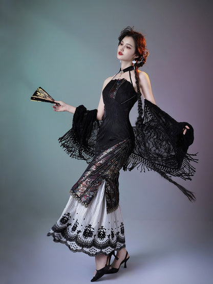 Vintage Halter Neck Lace Dress with Embroidery - sijinstudio