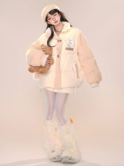 Cremegelbe Pufferjacke mit süßem Häschen-Plüschbesatz