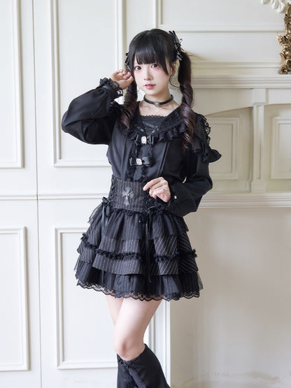 Black Rhinestones Bowknots Blouse Jirai Kei Sailor Collar Ruffled Lace Trim