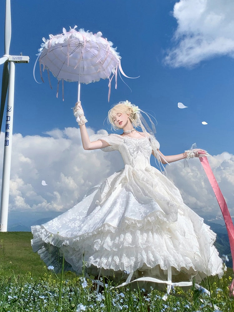 White Butterfly Motif Puff Sleeve Lolita Top and Asymmetrical Hem Skirt Set - Sweet Wood Lolita