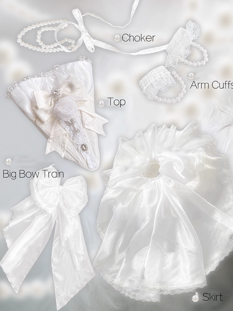 Rhinestones Balletcore Puffy Skirt White with Decorated Set Boned Corset Waist Strapless Top