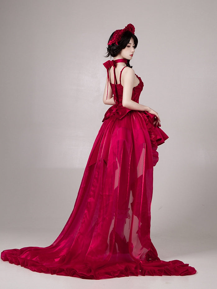 Floor-Length Train with Flounce Trimming in Black and Red - With PUJI