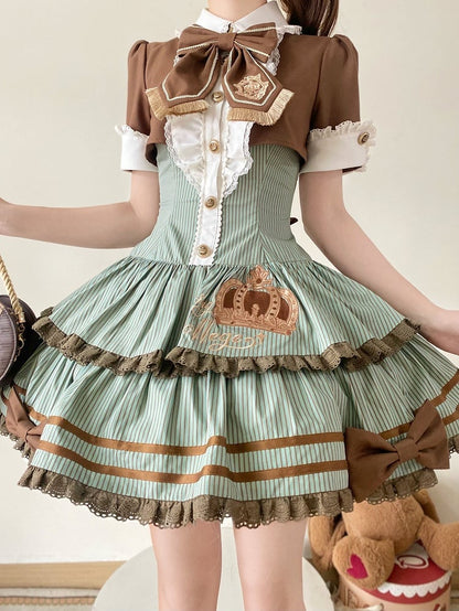 Green and Brown Preppy Striped Two-Piece Gown with Crown Embroidery - Fairy Faith
