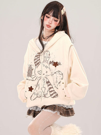 Apricot Rabbit Bear Ears Loose Zip Hoodie