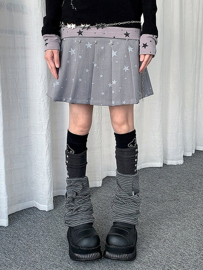 Gray/Black Y2K Pleated Skirt with Star Pattern - Solkatt