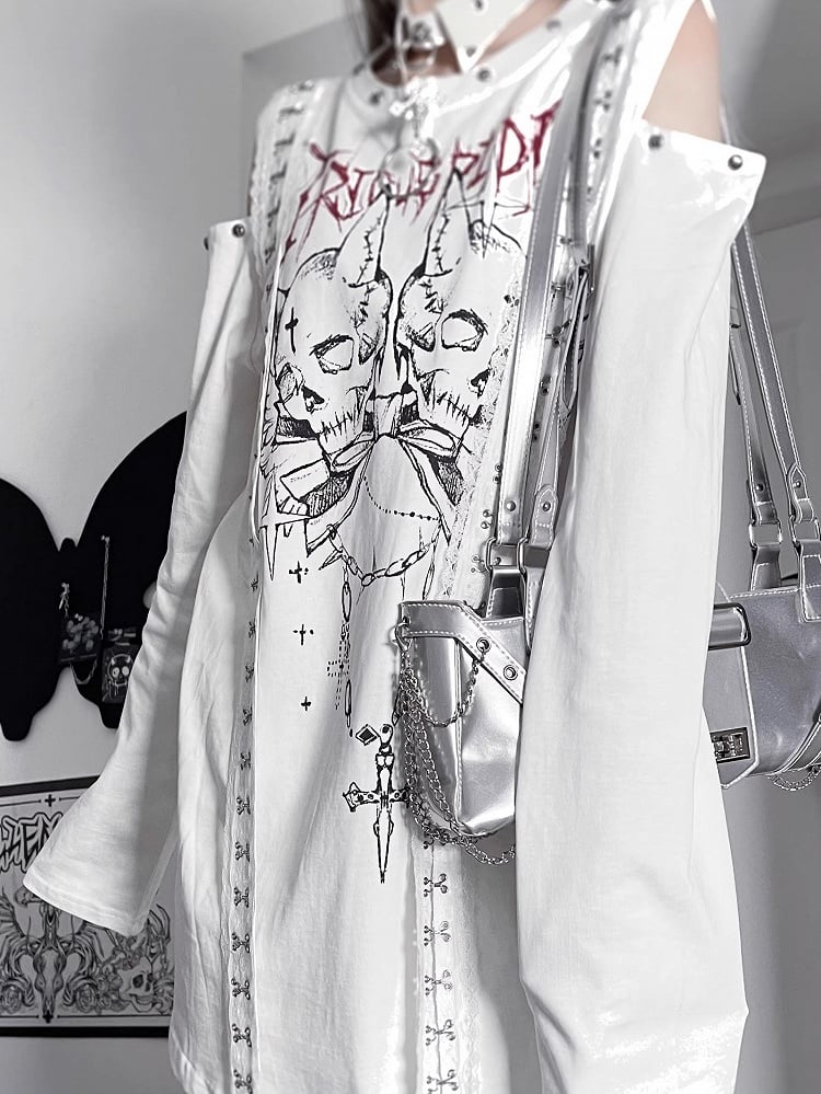 パンクとショルダーのスケルトンレタートップ、ロングカットアウト、ホワイトエモプリントスリーブ