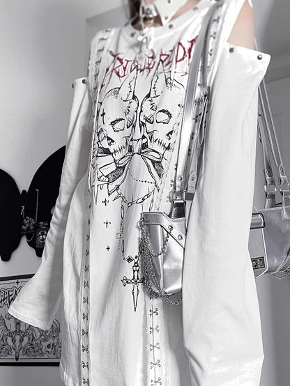 パンクとショルダーのスケルトンレタートップ、ロングカットアウト、ホワイトエモプリントスリーブ