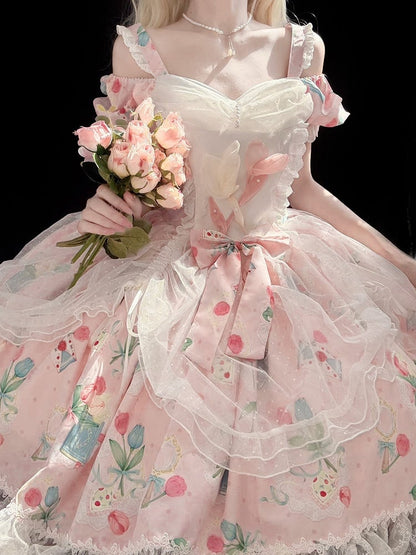 Dress with Pink Off-Shoulder Elegant Drawsting Tulip Lolita Print Tulle Overlay