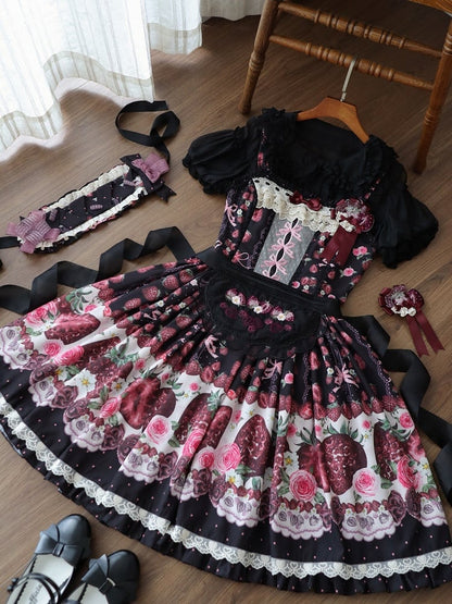 Floral Strawberry Rose Print Black Puff Sleeve JSK