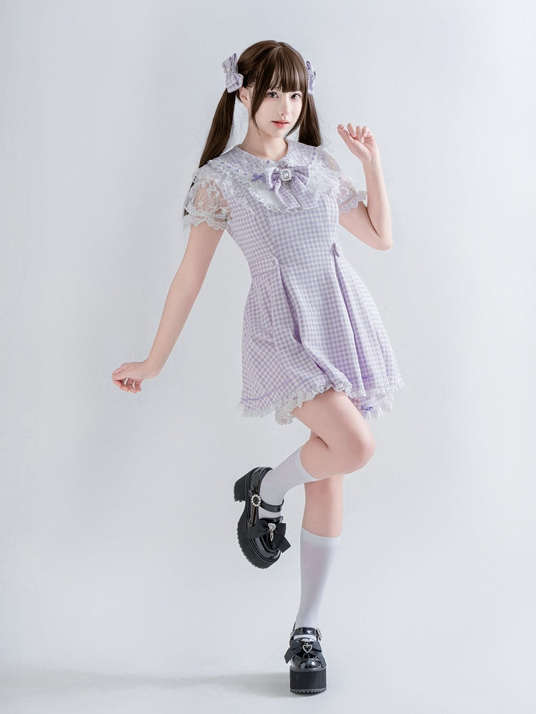 Purple & White Plaid Bow Lace Dress with Shorts - Ostslheep