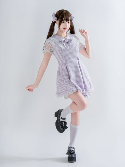 Purple & White Plaid Bow Lace Dress with Shorts - Ostslheep