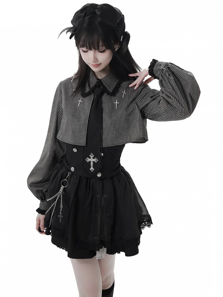 Gray Gothic Cross Black Oversized Shirt Collar Two-Piece Faux Dark Details Stripe Lace and Cuffs with |