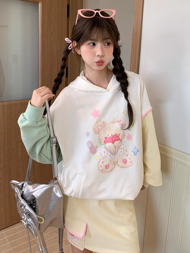 Herbst und Saum Grün Gelb Colorblock Design Teddybär Print Kordelzug Hoodie
