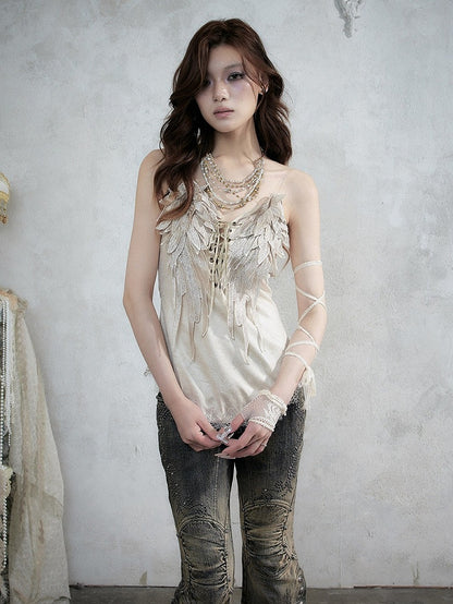 Beige Wing-Embroidered Corset Top with Lace Accents - NO ROMANCE