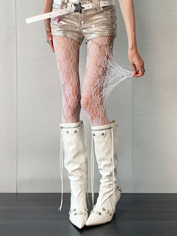 Y2K White Floral Print Openwork Tights