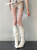 Y2K White Floral Print Openwork Tights