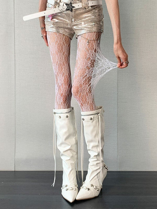 Weiße Strumpfhose mit Blumenmuster im Y2K-Stil