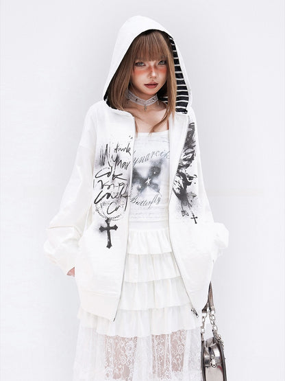 White Butterfly Cross Print Zip Closure Long Sleeves Hoodie