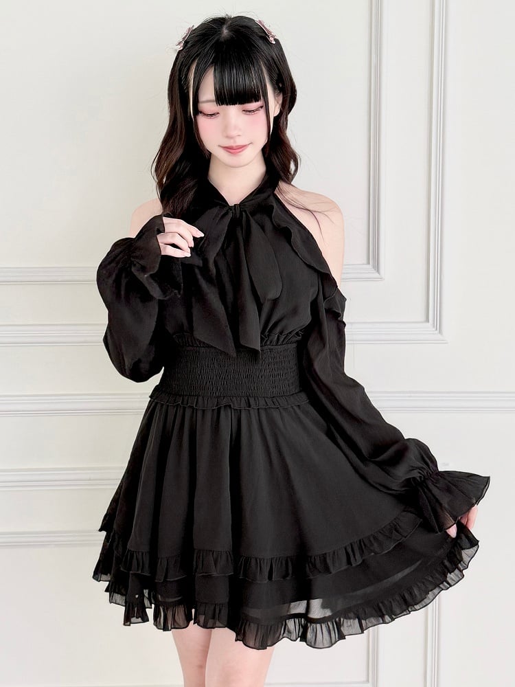 Cutout Shoulder Kei Black Dress Jirai with