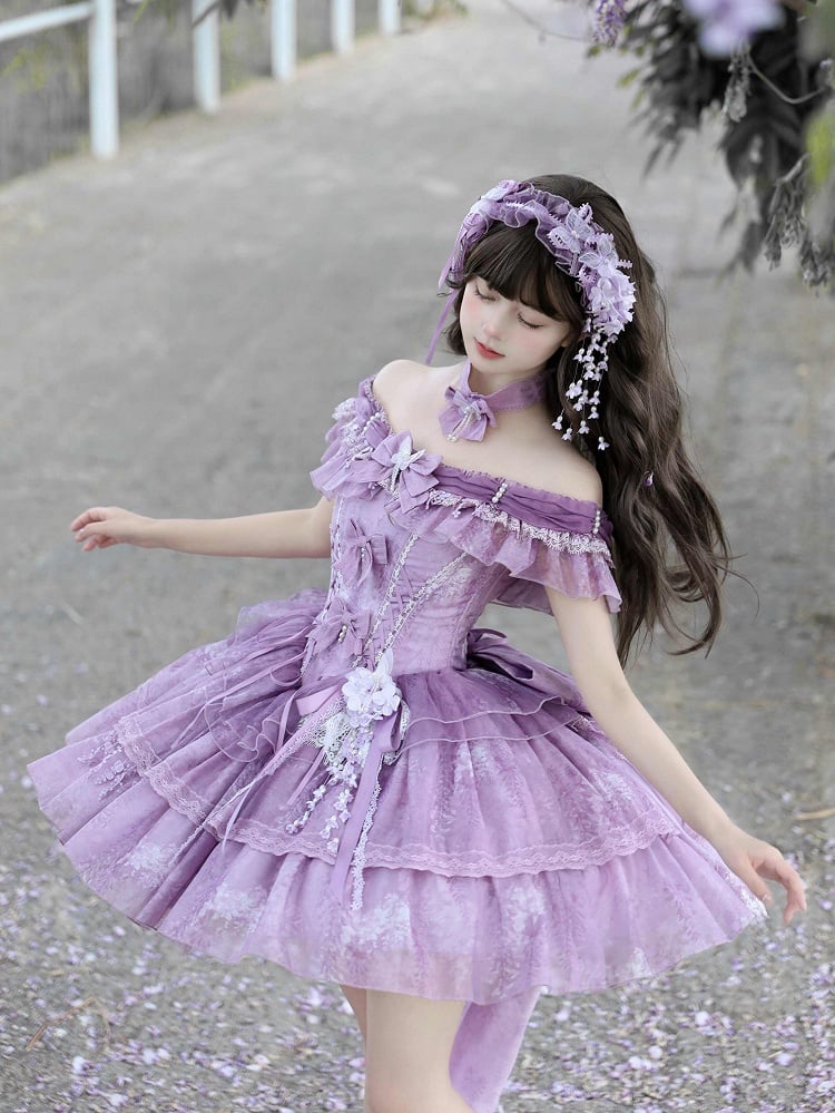 Fairy Lolita Taillenschleppe Balletcore Kleid Großes Korsett Glyzinien Tüllschleife mit Print Lila
