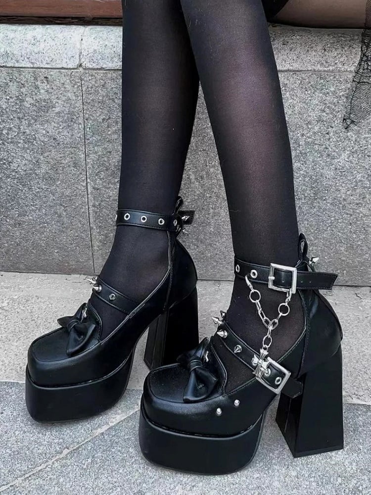Matte Black Gothic Platform High Block Heels with Removable Ankle Strap, Snap Closure & Bow Accents