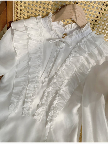 White Balloon Sleeve Blouse with Ruffle Accents and Rose Brooch - With PUJI