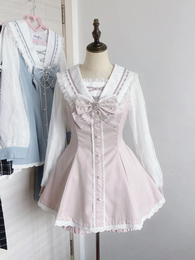 Sailor Pink Long Dress and Shorts Matching - Navycore Collar Kei Jirai Outfit Sleeves