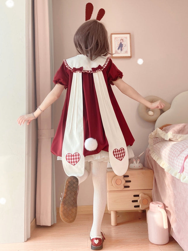 ワインレッドのバニー耳ピーターパンカラーバブルスカートドレス