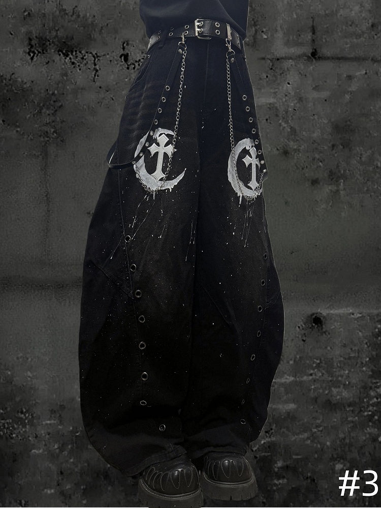 Punk Jeans Moon Detail Rock Wide-leg - with Eyelet Pattern Patch Design Distressed Cross Black