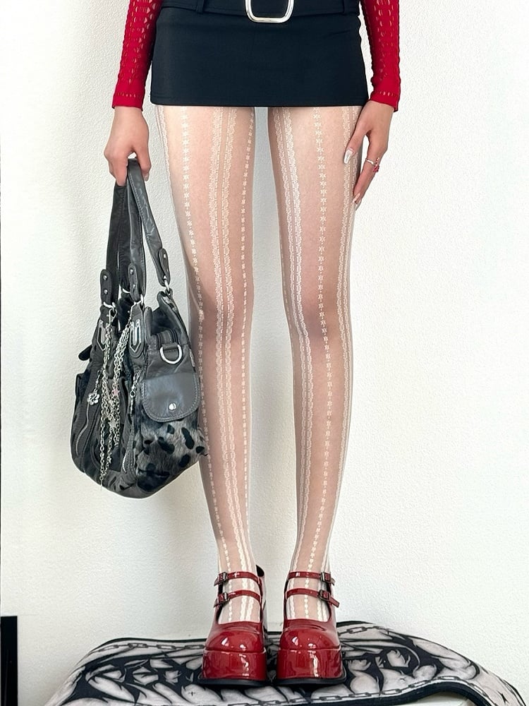 Floral Black/White Striped Y2K Tights