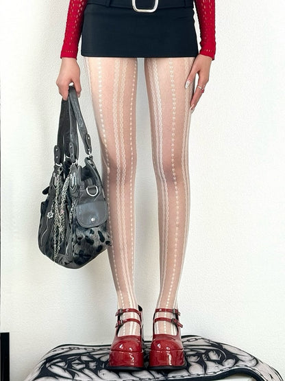 Floral Black/White Striped Y2K Tights