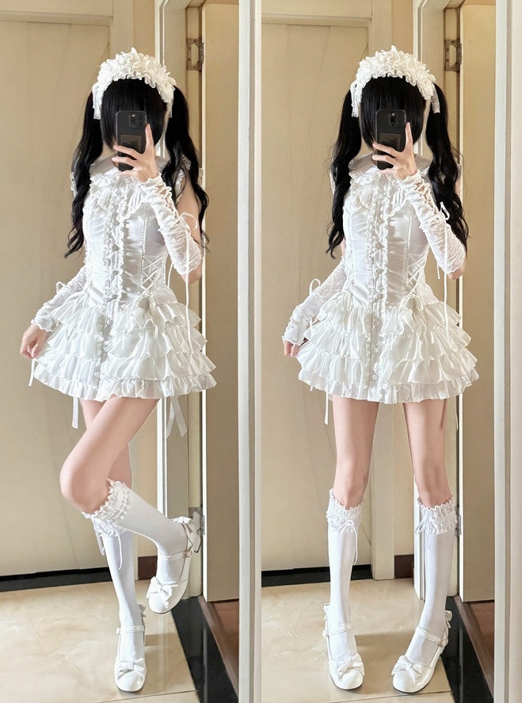 Sweet Kawaii White Peter Pan Collar Flutter Sleeves Tiered Dress - Jasmine White Original Design