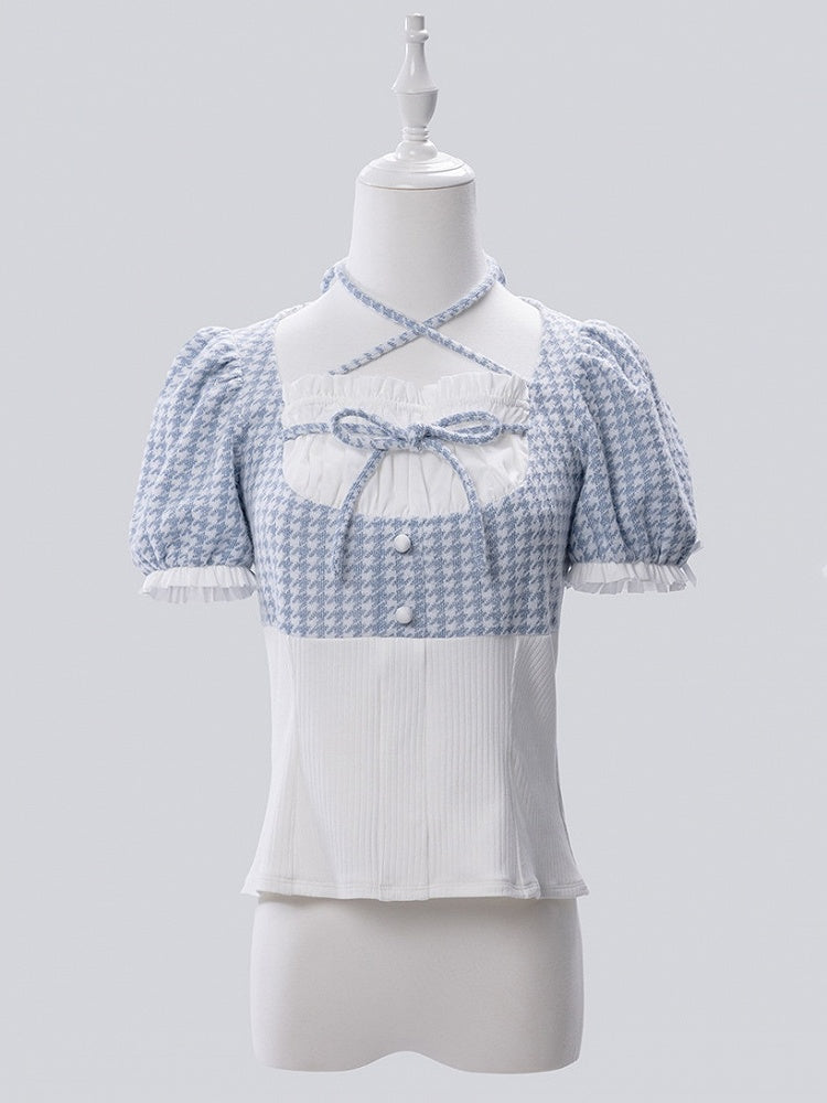 Blue Faux Two-Piece Houndstooth Halter Knit Top with Arm Warmers - Fluffy Heart