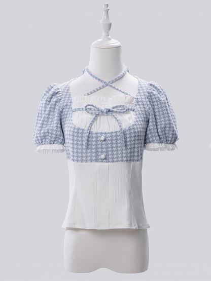 Blue Faux Two-Piece Houndstooth Halter Knit Top with Arm Warmers - Fluffy Heart