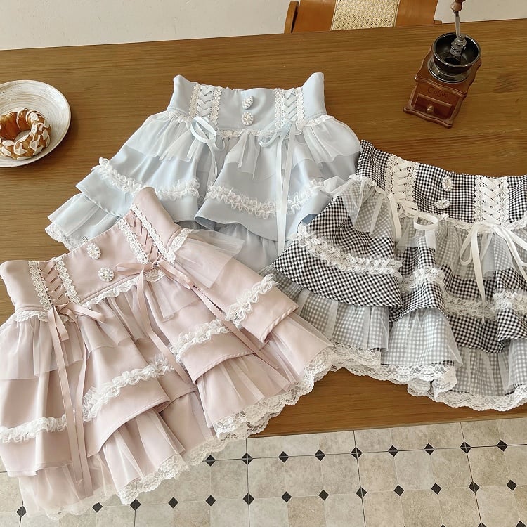 Rhinestone Design Tiered Embellishments Skirt Pink and Jirai High Lace-up Kei Front with Waist