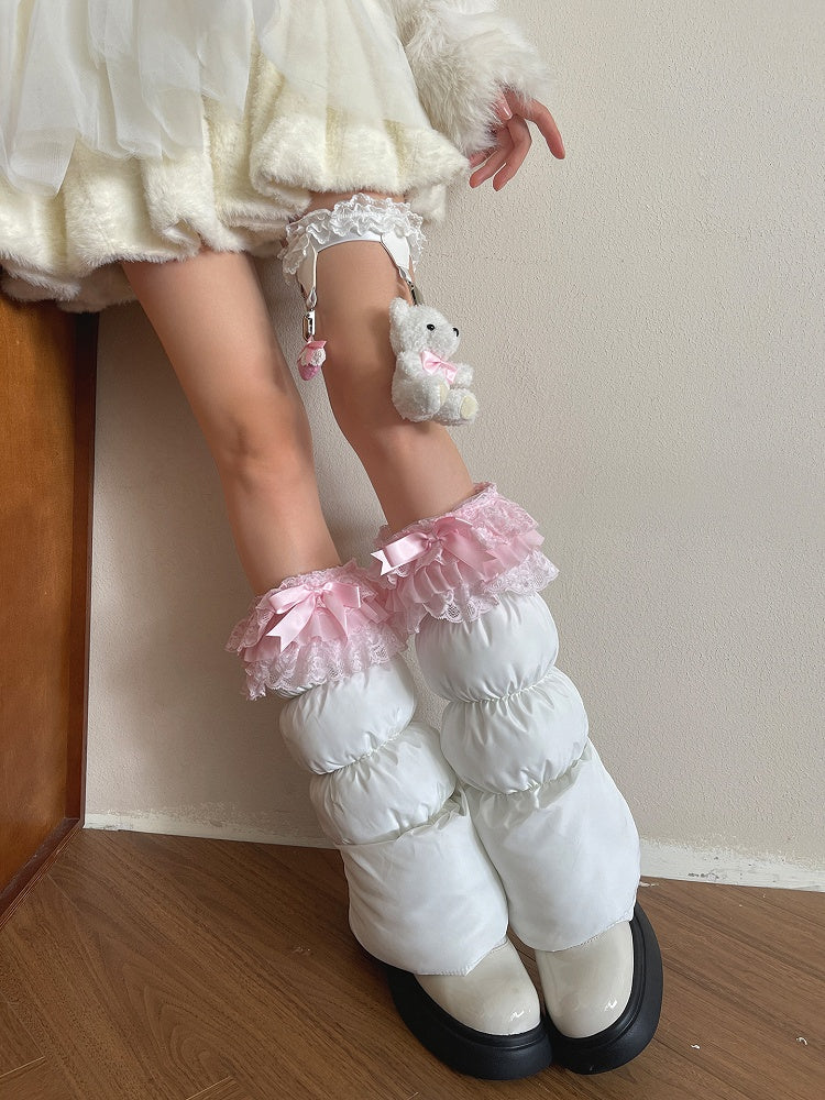 Bowknot Leg Puffer with Warmers Trim Lace White/Pink and White