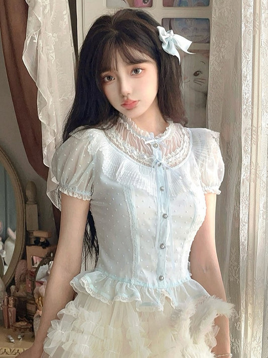 Chiffon Puff Sleeve Blue Polka-dot Top