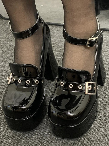PU Black Punk JK Shoes - Chunky Heel with Buckle Accents & Detachable Ankle Strap