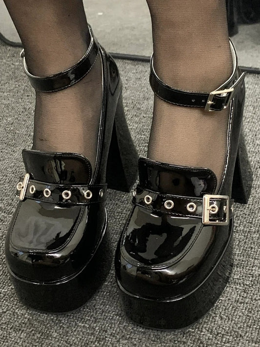 PU Black Punk JK Shoes - Chunky Heel with Buckle Accents & Detachable Ankle Strap