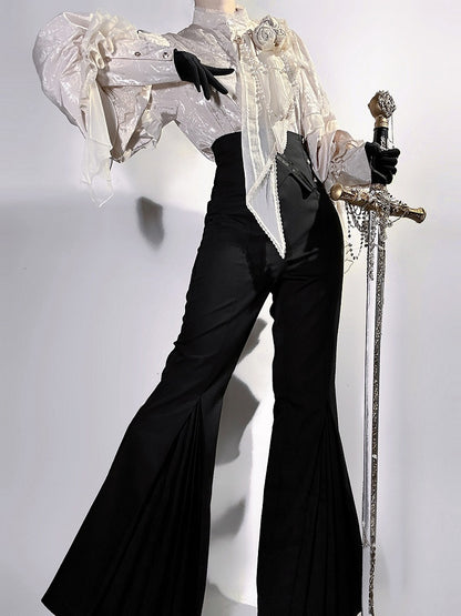 Beige Long Sleeves Jacquard Ouji Style Shirt with Rose and Bead Chains + Black High Waisted Flared Pants Set - Unknown Star