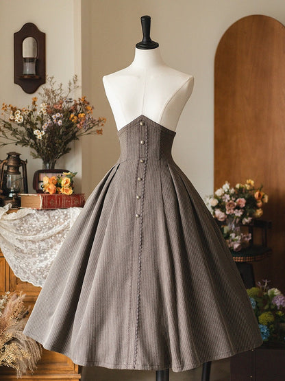 Brauner Frühlings-Lolita-Rock mit hoher Taille und Stäbchen