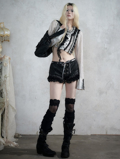Black Faux Leather Shorts with Lace Trimmed Hems - NO ROMANCE