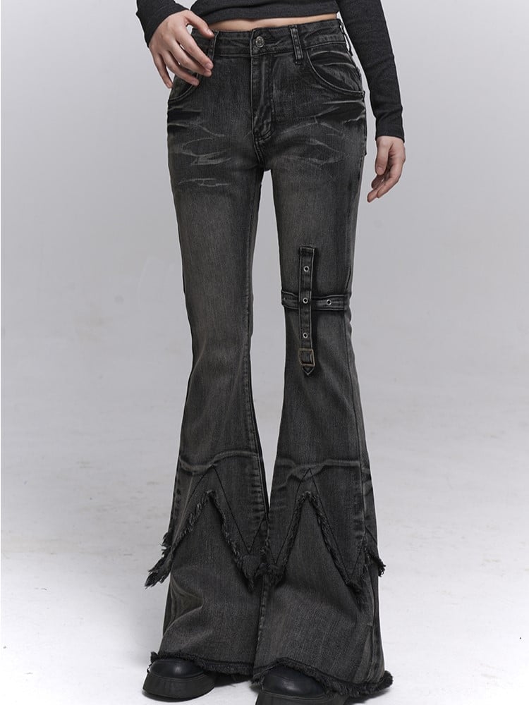 Hem Black-Grey Jeans Raw Inverted Wash Design Vintage Flared Triangle with