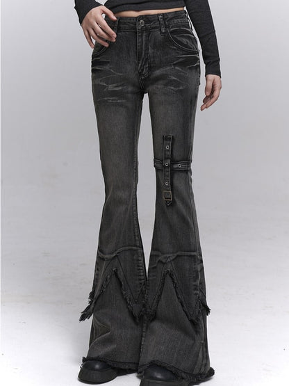 Hem Black-Grey Jeans Raw Inverted Wash Design Vintage Flared Triangle with