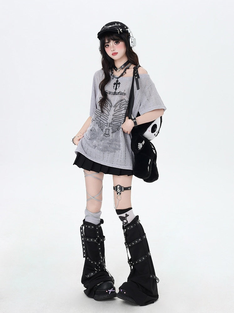 Y2K アシンメトリーネックライン スケルトン ハートプリント ブラック/グレー/ホワイト Tシャツ