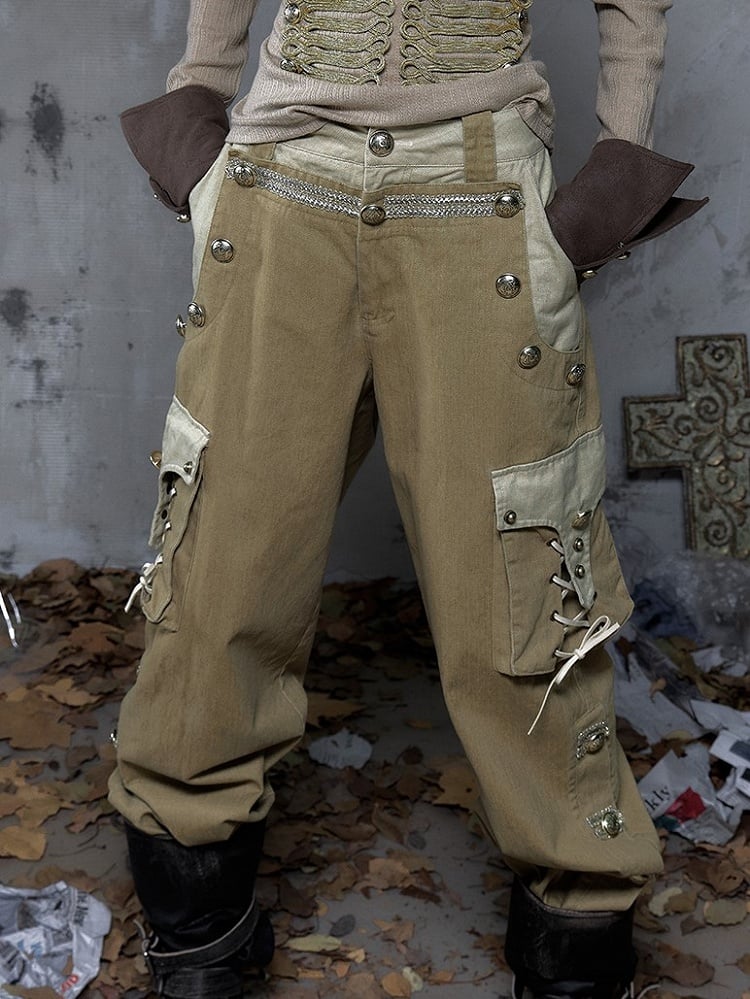 Punk Vintage Pockets Pants 3D with Khaki Cargo Dual-Tone Buttons