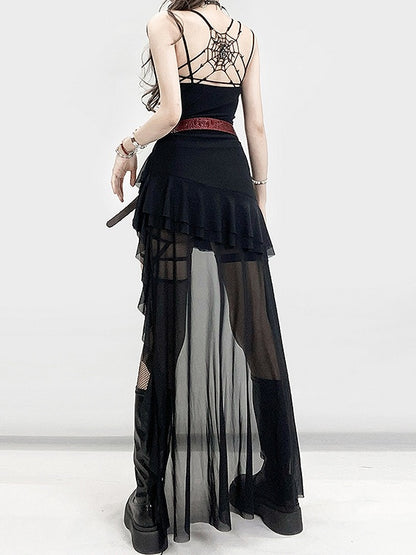 High-low Edge Glamorous Black Design Bittersweet Double Cami Ruffle Dress Detail