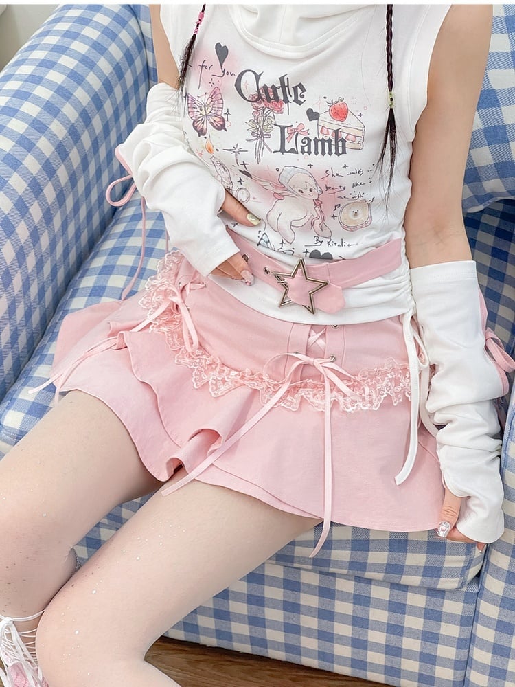 Stufenrock mit Schnürdetails Pink Y2K Asymmetrisch Kawaii Yume