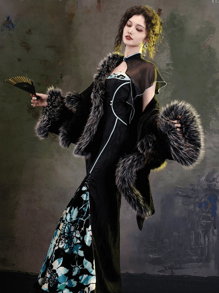 Cheongsam Style Side Slit Gown with Dark Floral Embroidery Back & Flutter Sleeves - sijinstudio