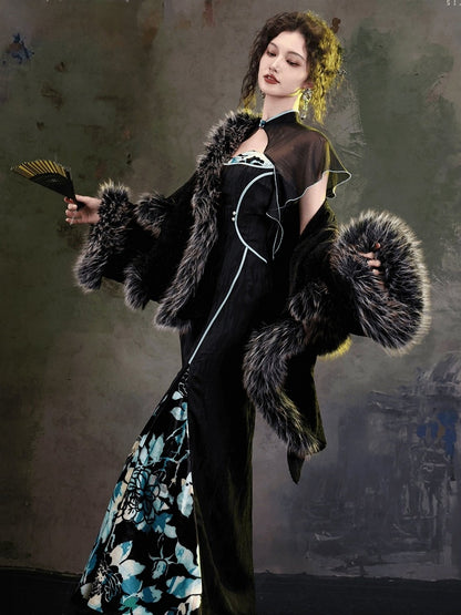 Cheongsam Style Side Slit Gown with Dark Floral Embroidery Back & Flutter Sleeves - sijinstudio